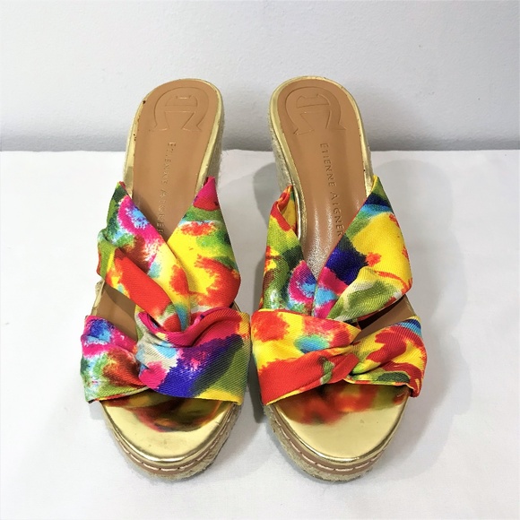 (SOLD)Etienne Aigner Wedge Sandals Yellow & Pink 6 - Picture 4 of 8